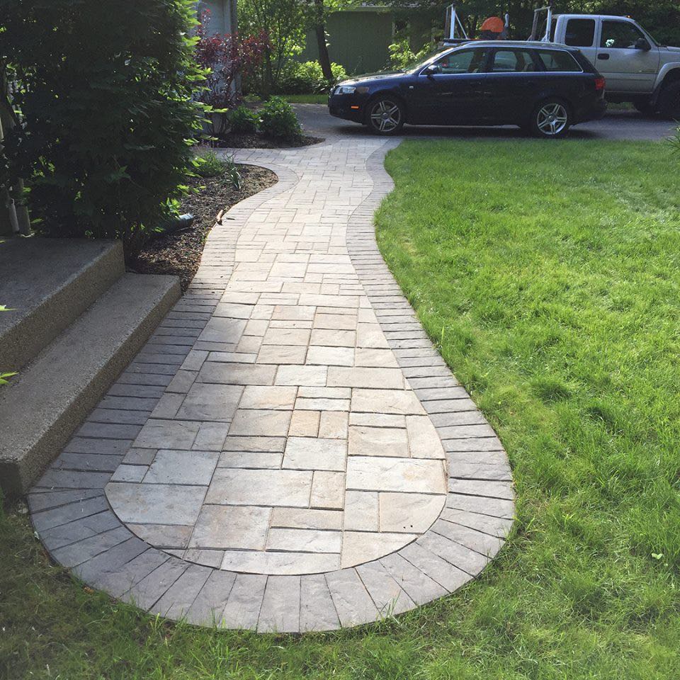 North Lake project; paver walkway with border and rounded edge at one end