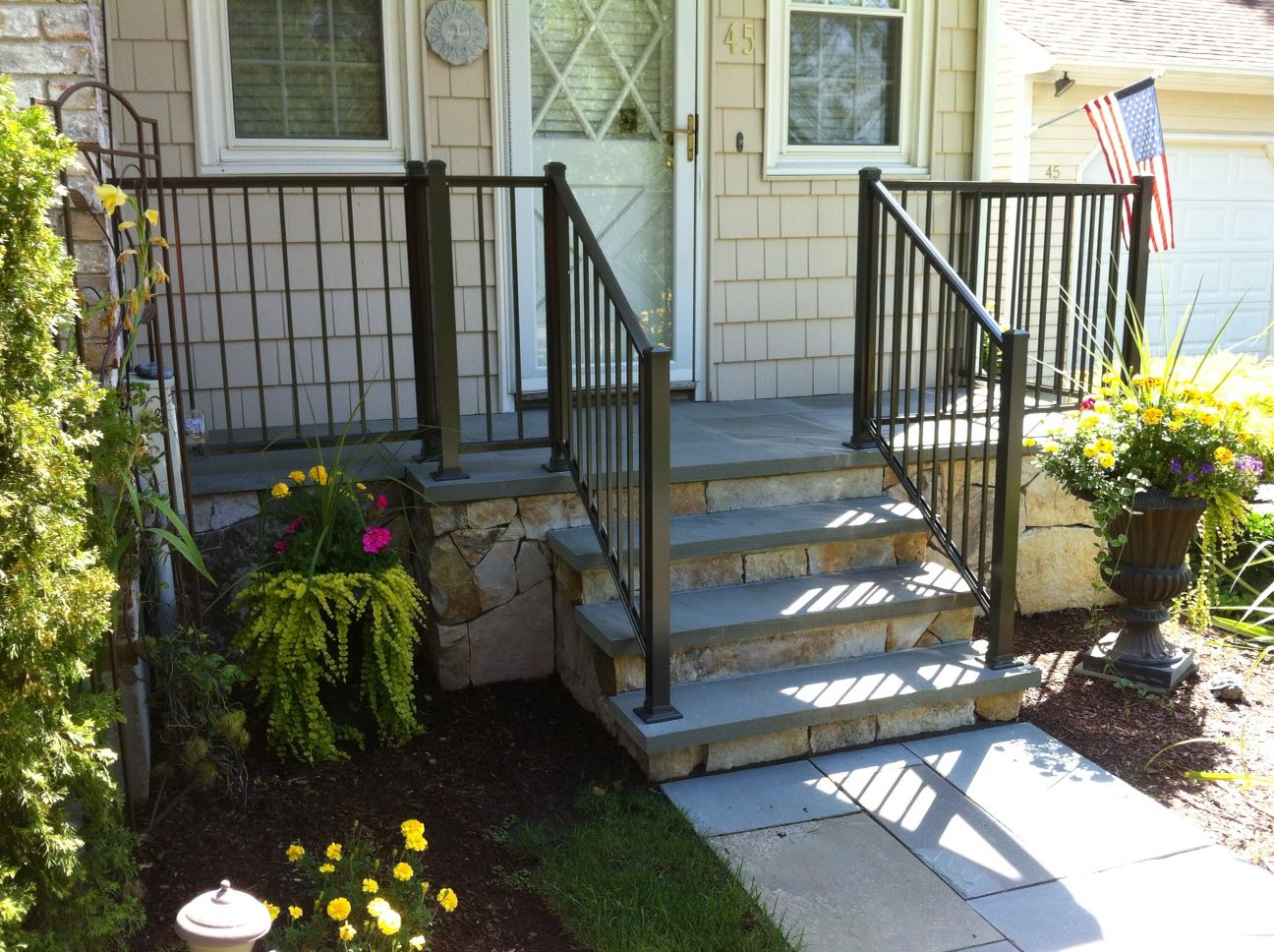 North Providence project; natural stone walkway, front porch stairs, and front porch