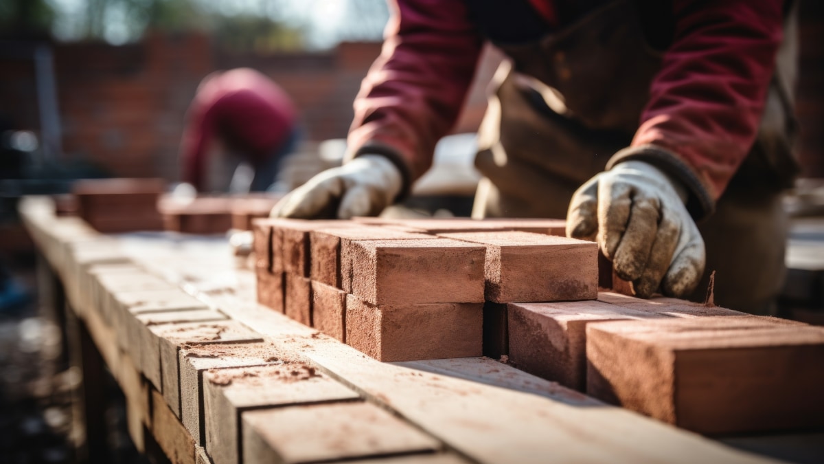 brick mason laying bricks to build stairs